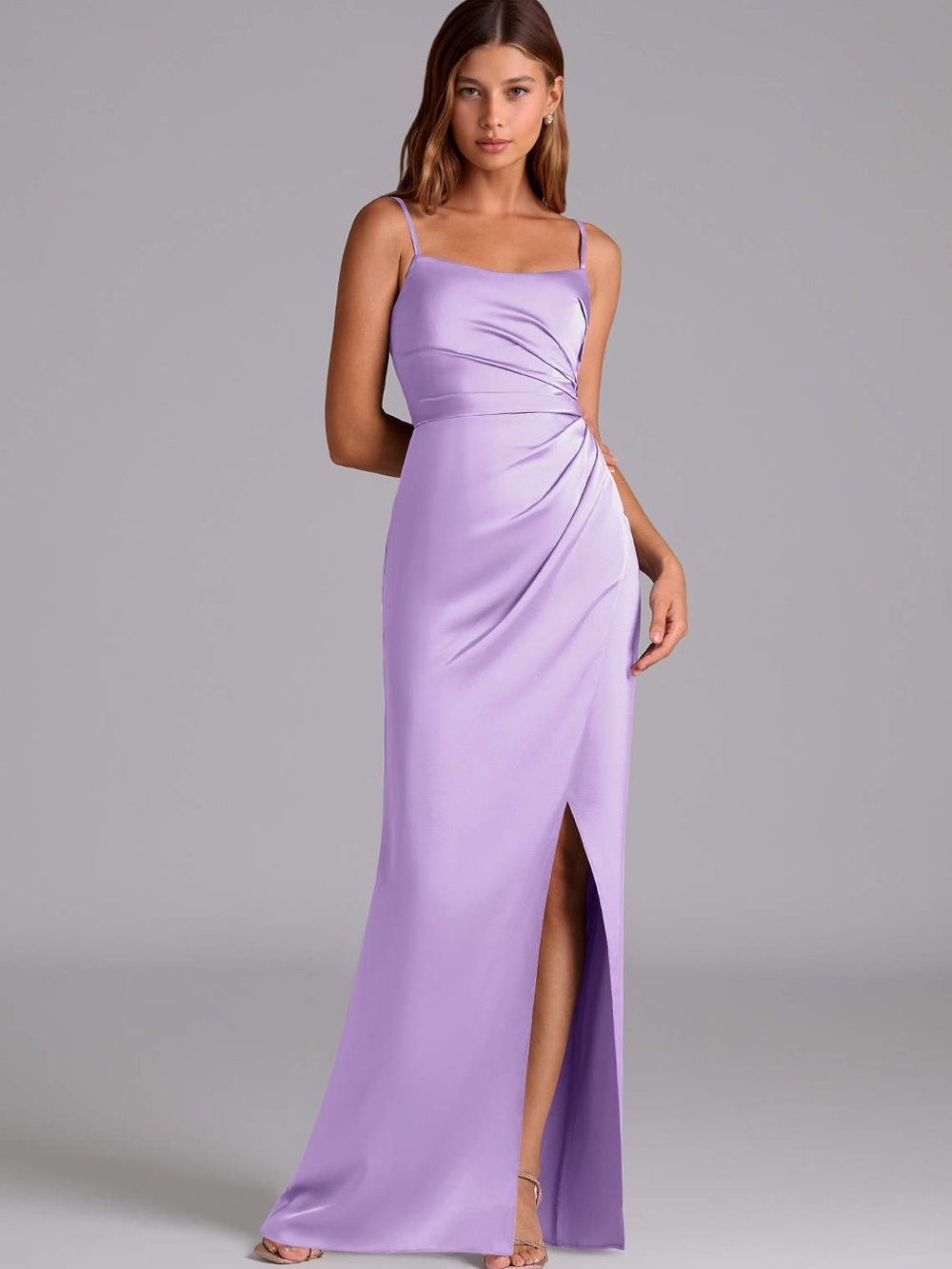 Azazie Lilac Satin Spaghetti-Strap Gown LIKE NEW